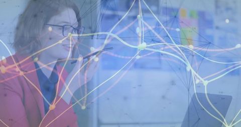 Professional Woman in Office with Digital Data Overlay