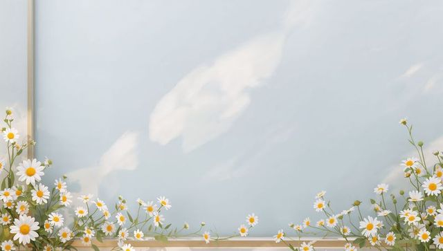 Pastel blue wall panel with soft clouds and white daisy border on sill for spring decor