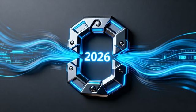 Futuristic 2026 octagonal tech portal with glowing cyan data streams and circuit lines