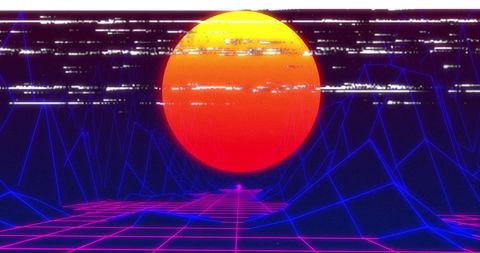 Retro Futuristic Grid with Digital Sun and Glitch Effect