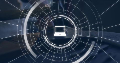 Futuristic hud laptop interface overlay on modern desk with blurred hands holding pen