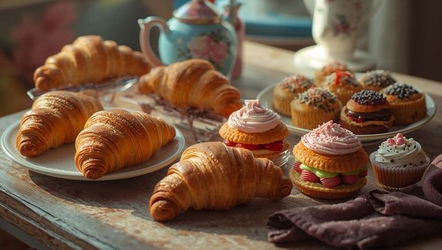 Golden Croissants and Pastel Cupcakes in Cozy Breakfast setting
