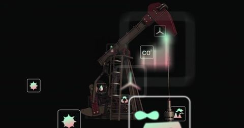 Futuristic digital oil pump jack with sustainable energy icons