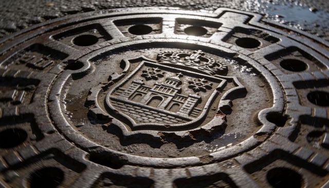 Ornate cast-iron manhole cover with embossed city crest reflecting wet pavement light