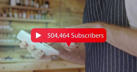 Barista tapping smartphone with 504,464 subscribers bubble, cafe influencer engagement