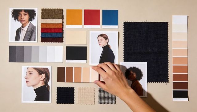 Selecting skin tone palette on fashion moodboard with textile swatches and portrait prints