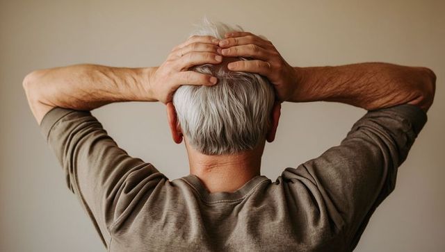 Elderly Man Contemplating With Hands On Head In Casual Outfit
