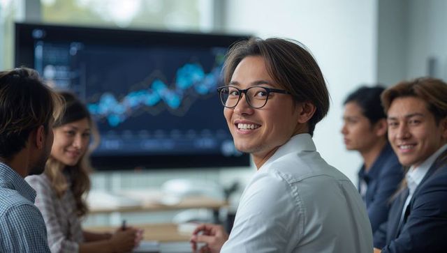 Smiling asian professional turning to camera during data analytics meeting with team