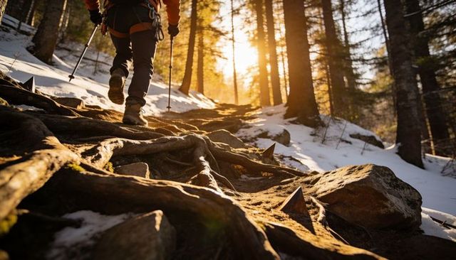 Hiker ascending sunlit snowy forest trail using trekking poles over exposed tree roots