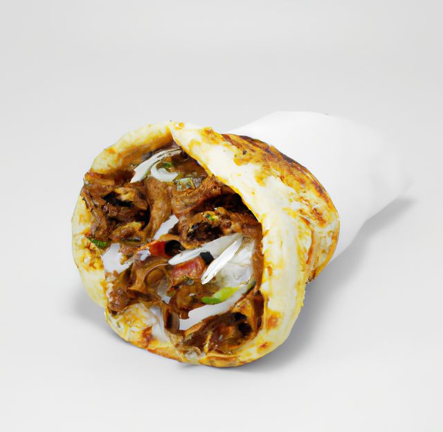 Perfect for menus, food blogs, and restaurant promotions focusing on Middle Eastern cuisine. Ideal for showcasing the texture and ingredients of a shawarma wrap. It can be used in advertising, cooking websites, or food delivery apps.