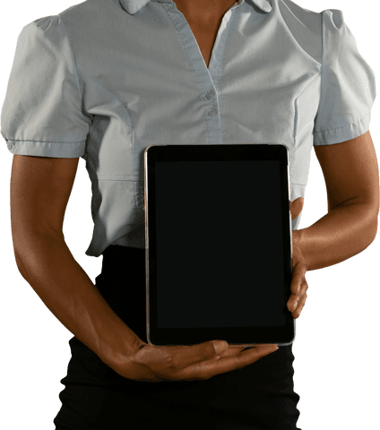 Transparent Cutout Active Woman Holding Tablet in Business Attire