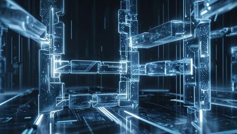 Futuristic Neon Lit 3D Grid with Digital Data Streams