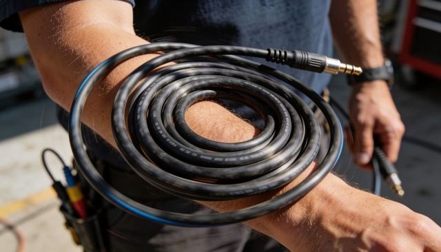 Technician coiling heavy-duty audio cable around forearm in workshop bay
