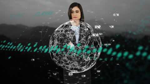 Businesswoman Interacting with Digital Globe Data Overlay
