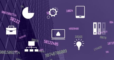 Digital Icons Overlay on Building with Changing Numbers - Download Free Stock Images Pikwizard.com