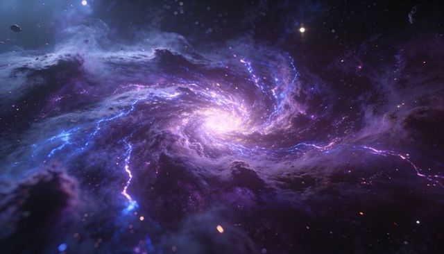 Swirling luminous galaxy core glowing and rotating amid purple-blue nebula spiral vortex