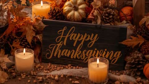 Happy Thanksgiving sign glowing with flickering candles rustic autumn centerpiece cozy loop