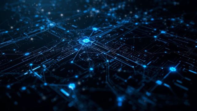 Futuristic central node connecting neon digital network pathways