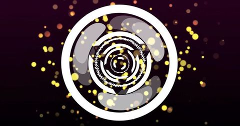 Spinning white concentric rings with golden bokeh on dark purple gradient background