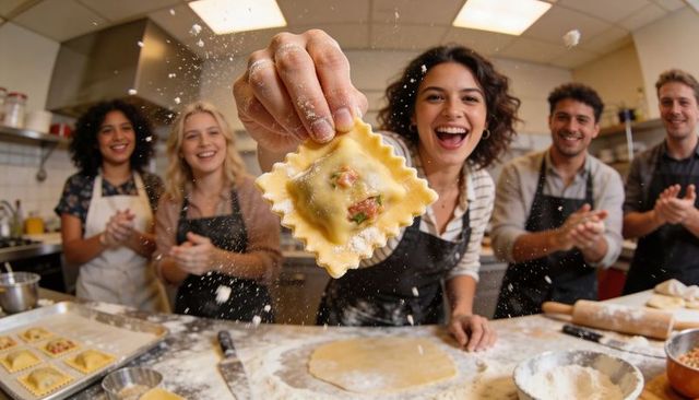 Holding Fresh Ravioli While Smiling in Hands-On Pasta Making Class for Team Building