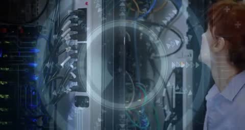 Female IT Technician Analyzing Network Cables in Data Center Using AR Technology