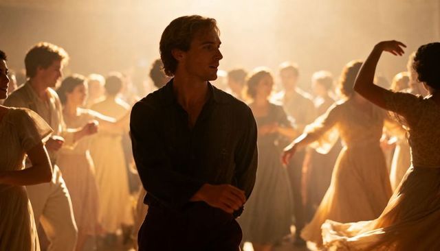 Backlit ballroom dance with centered man in dark shirt and flowing vintage gowns