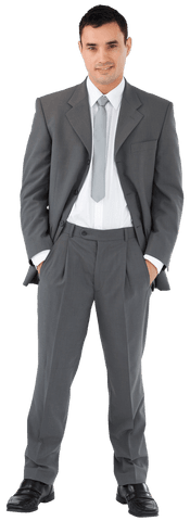 Confident Young Businessman in Gray Suit on Transparent Background