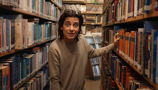 Young man browsing library stacks touching book spines wearing glasses on head warm wood shelves