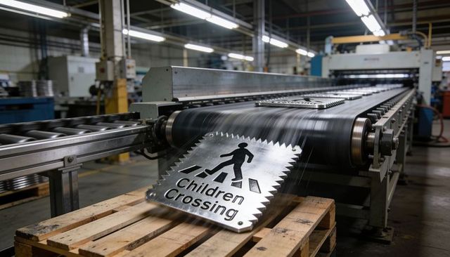 Serrated metal children crossing sign on roller conveyor in metal fabrication plant