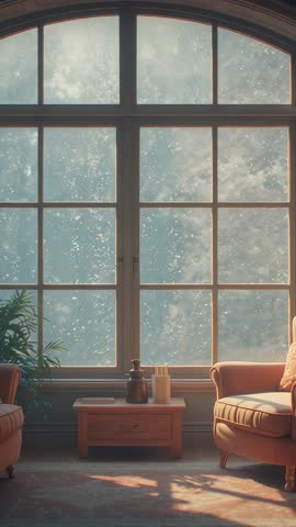 Sunlight streaming through arched window, dust drifting across cozy lounge — vertical video