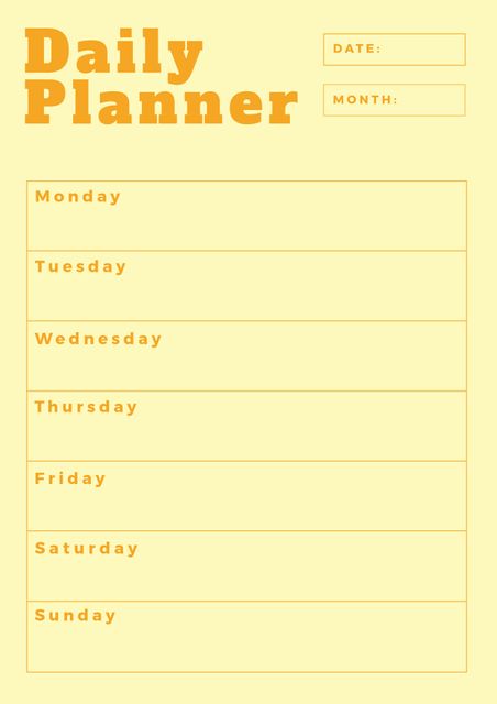 Minimalist daily planner with spaces for each day of the week and date fields. Ideal for organizing weekly schedules, appointments, and tasks. Can be used for personal, professional, or academic purposes. Printable template for customized stationery.