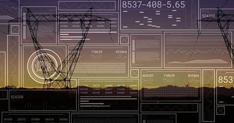 Silhouetted transmission tower with data overlays at sunset energy grid technology