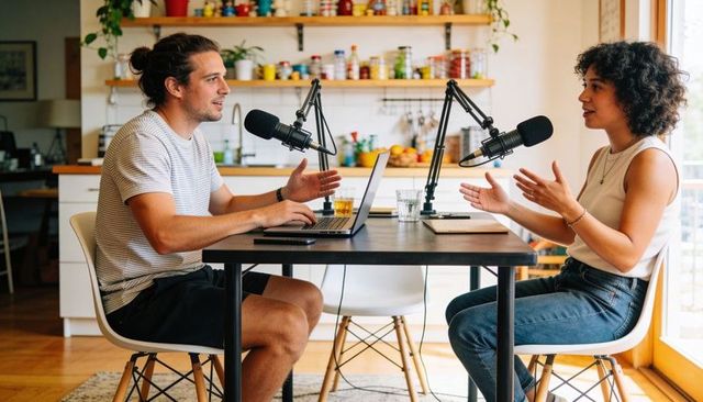 Cohosts recording conversational podcast at home kitchen table with microphones and laptop