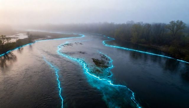 Neon-blue trails flowing along misty meandering river at dawn drone light painting