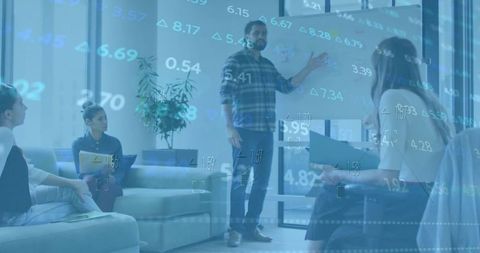 Financial Data Overlay with Professionals Meeting in Modern Office