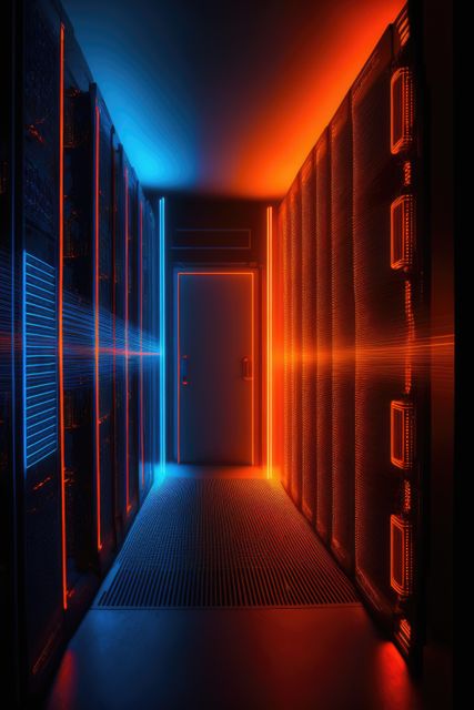 Futuristic Data Center Aisle with Orange and Blue Lighting - Download Free Stock Images Pikwizard.com