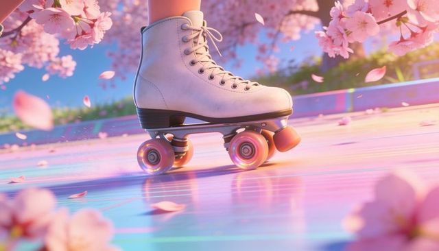 Pastel roller skate gliding among cherry blossom petals on reflective spring rink