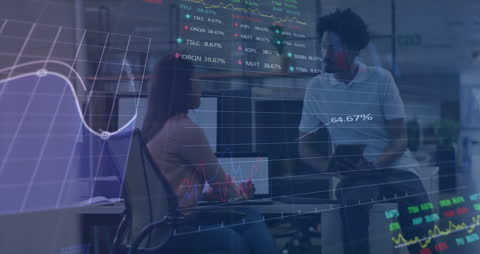 Business Meeting with Financial Data Analytics Overlay in Modern Office