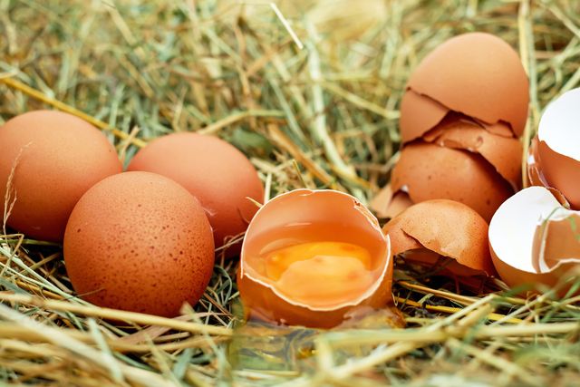 Chicken eggs lying in hay. Some eggs are cracked, revealing yolks. Useful for agricultural, farming, cooking, organic food, and rustic lifestyle themes.