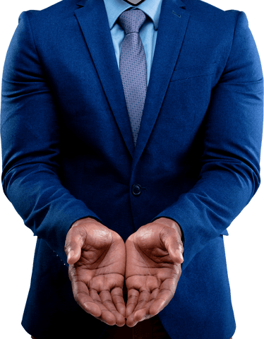 Transparent Business Gesture with Empty Hands and Blue Suit