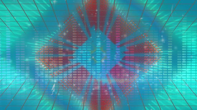 This video shows an animated kaleidoscope of red and blue shapes forming a tunnel over a blue grid. Ideal for use in technology, digital art templates, backgrounds, or futuristic-themed projects.