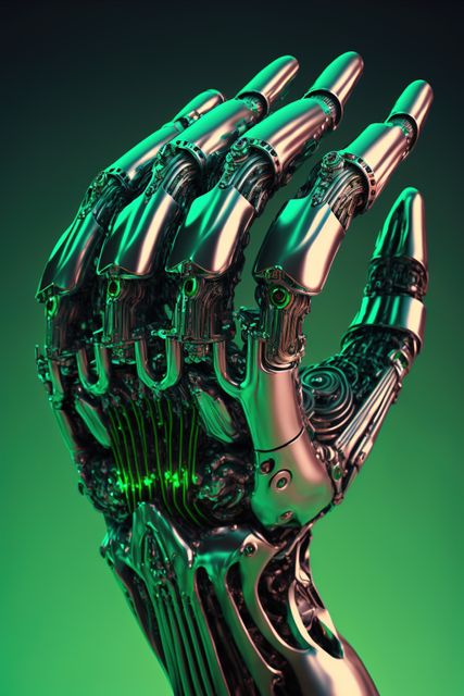 Detailed image of a futuristic robotic hand with a vibrant green glow. Suitable for concepts related to advanced technology, artificial intelligence, robotics, cybernetic enhancements, sci-fi themes, and innovation. Ideal for use in tech blogs, sci-fi publications, and marketing materials for tech companies.