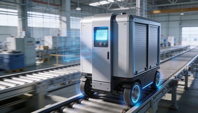 Autonomous mobile robot transporting cargo on conveyor with holographic interface
