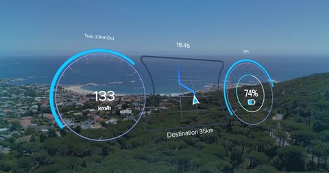 Electric vehicle dashboard display overlay with coastal view