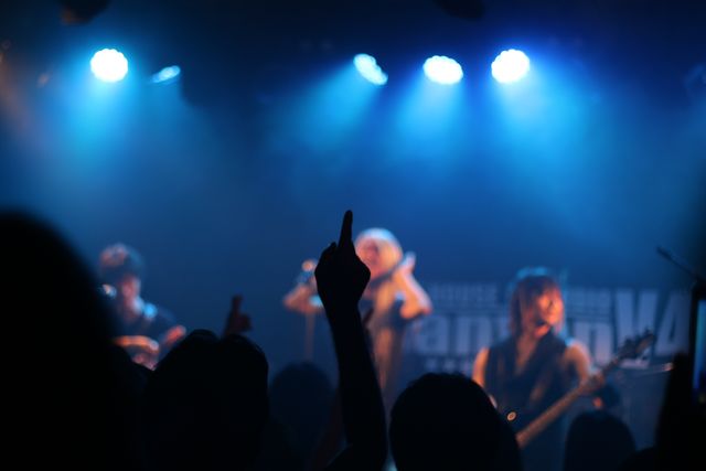 Dynamic live rock concert captures energetic audience enjoying band's performance on stage. Ideal for use in promotions for music festivals, concert events, entertainment advertisements, or articles about live music.