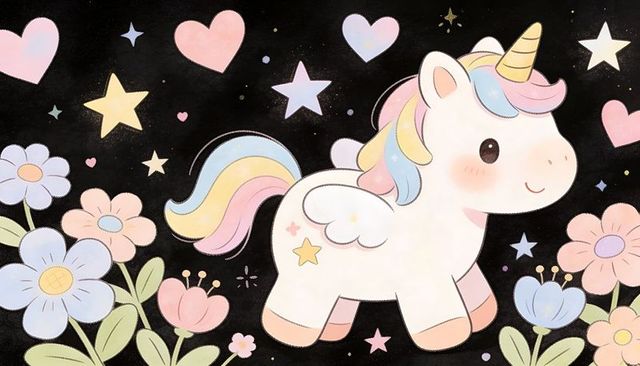 Chubby winged unicorn floating in starry night garden with pastel rainbow mane and hearts