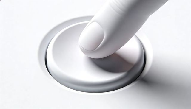 Right Index Finger Pressing Recessed White Circular Button Closeup Minimalist Interface