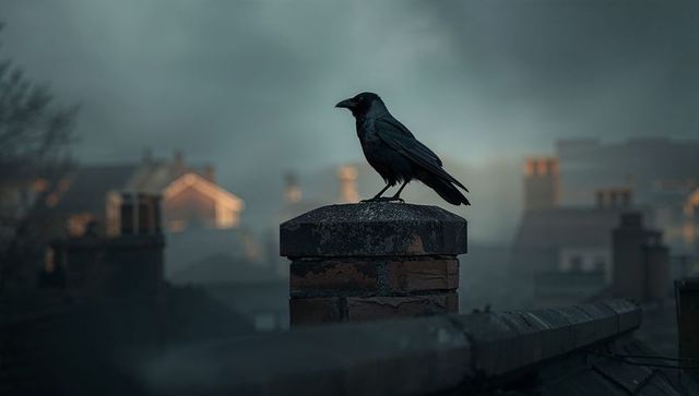 Silhouette of Black Crow on Misty Urban Rooftop at Dawn