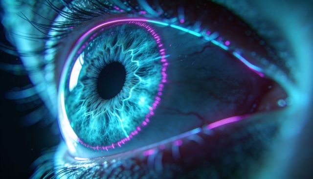 Neon cybernetic eye macro with glowing cyan iris filaments and magenta biometric ring