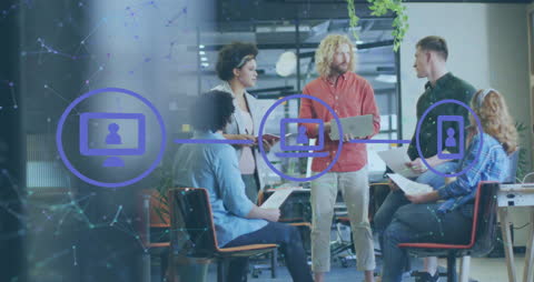 Diverse Team Collaborating in Tech-Inspired Workspace with Virtual Network Graphic